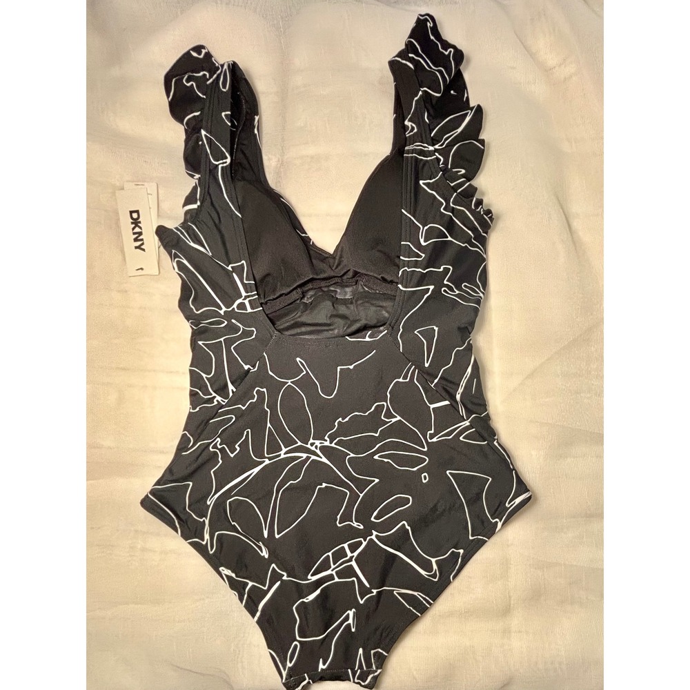 DKNY Medium One Piece Swimsuit Womens Black White Ruffle Shoulder DIMMS731 - Picture 3 of 7